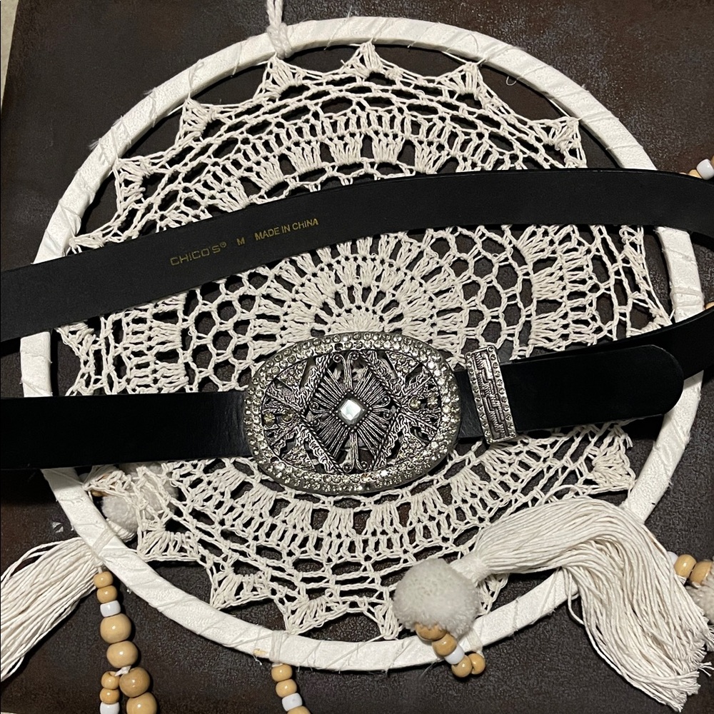 Chico's Black Belt with Intricate Silver Buckle